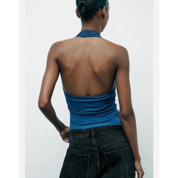 Nwt-Zara-STRETCH PLEATED HALTER TOP-M - Picture 2 of 5